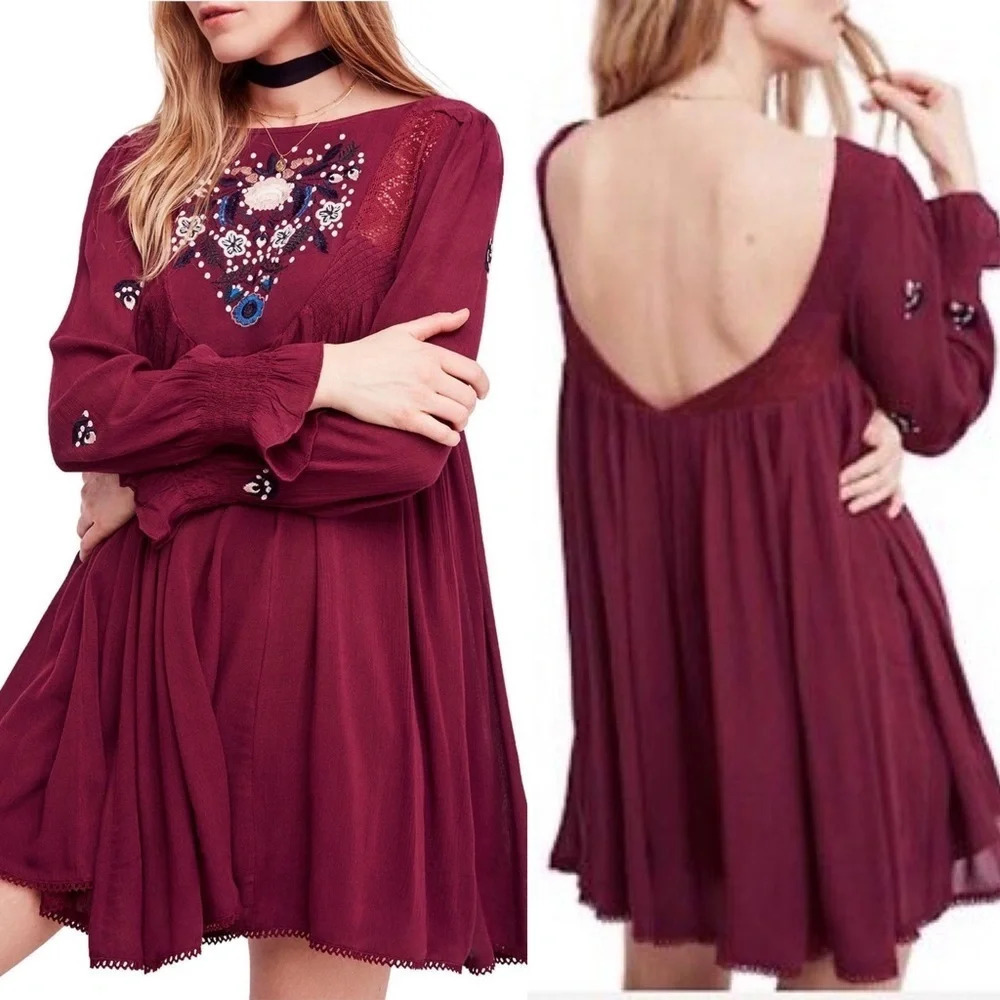 Free People Mohave Embroidered Mini Dress Maroon Sz XS